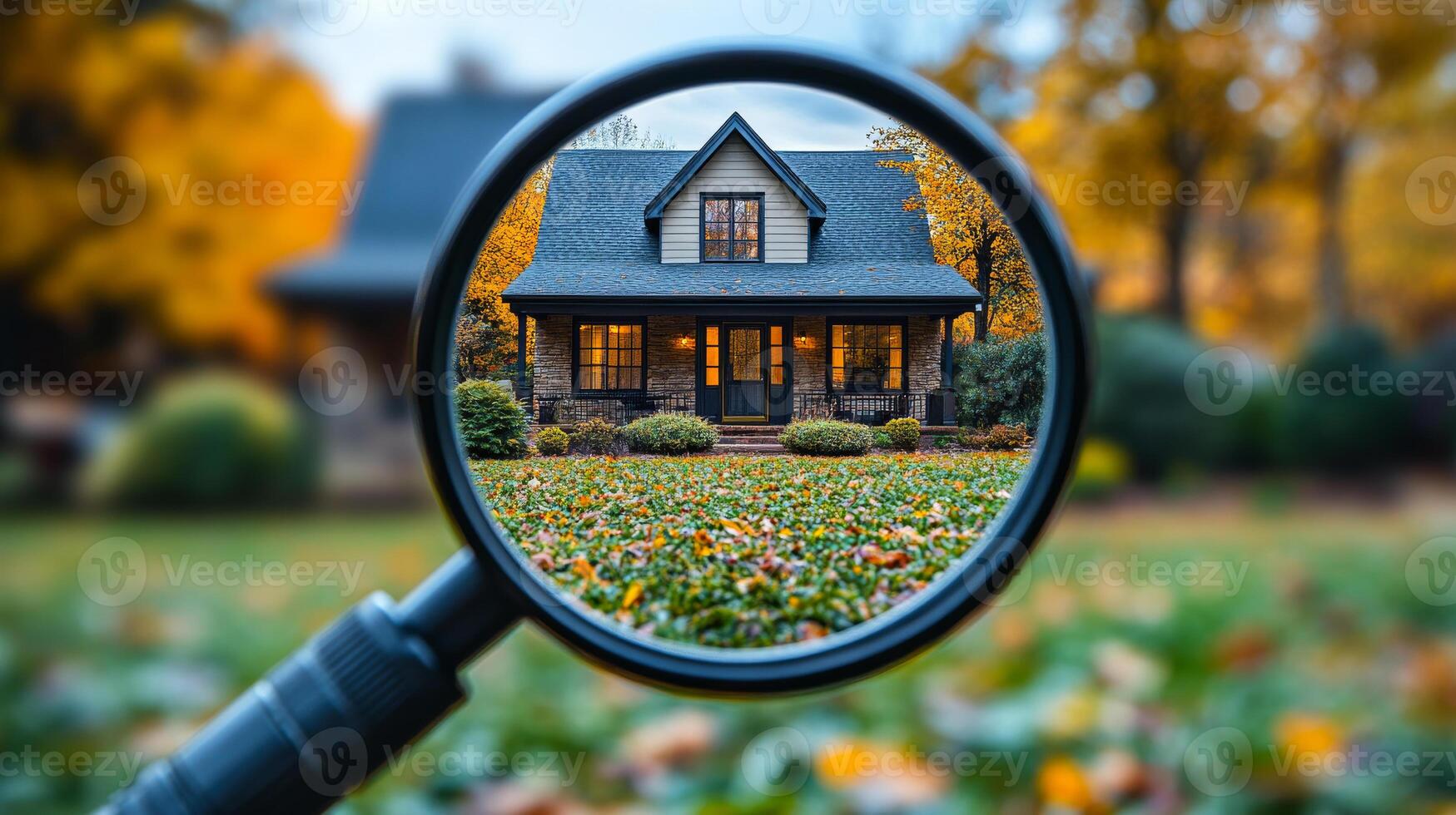Exploring a cozy home surrounded by autumn foliage. A charming house nestled in vibrant autumn leaves, captured through a magnifying glass, highlighting seasonal beauty and tranquility. photo