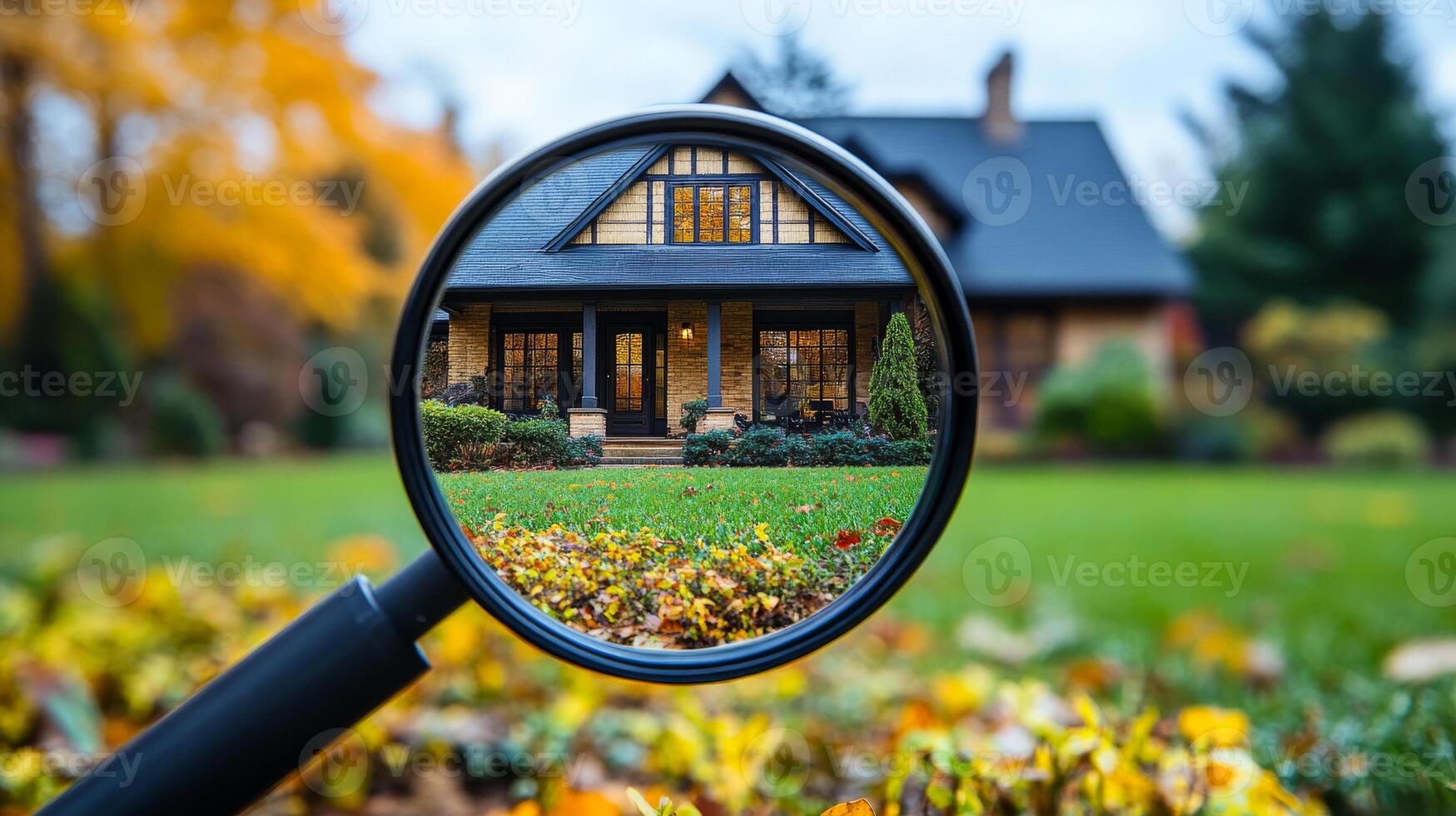 Charming house viewed through a magnifier. A lovely home is viewed through a magnifying glass surrounded by vibrant autumn foliage, showcasing the beauty of the season. photo