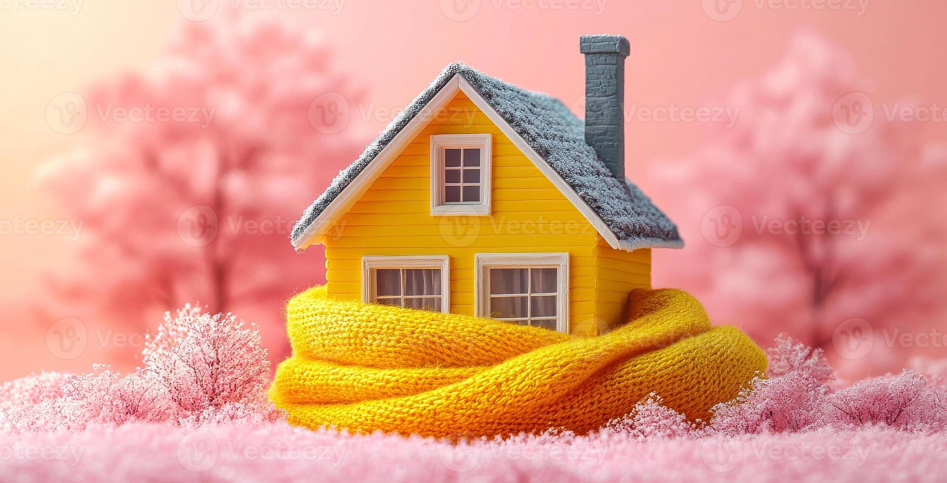 A cozy yellow house in winter's scarf. A charming yellow house is snugly wrapped in a bright scarf against a backdrop of pink trees, creating a cozy winter atmosphere. photo