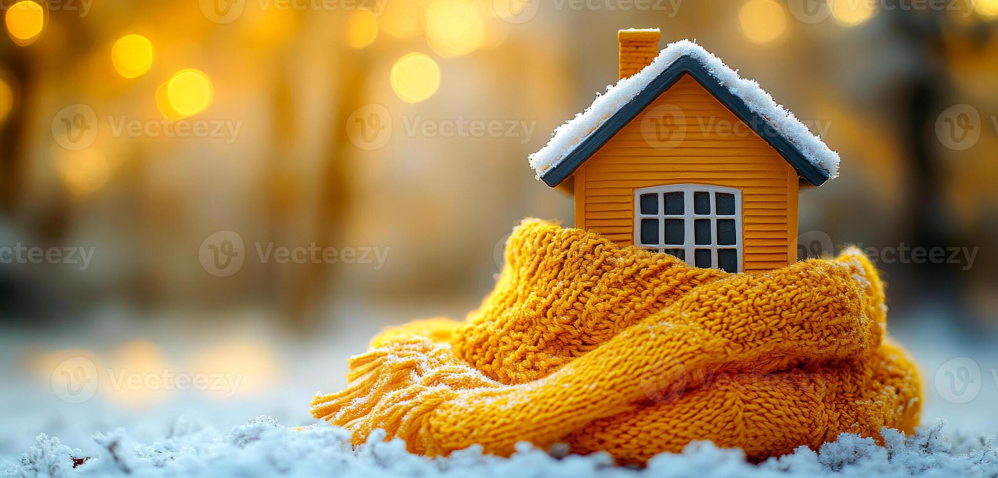 Mini house in a warm scarf outdoors. A small, bright yellow house is snugly wrapped in a knitted scarf, set against a snowy background with soft, warm lighting. photo