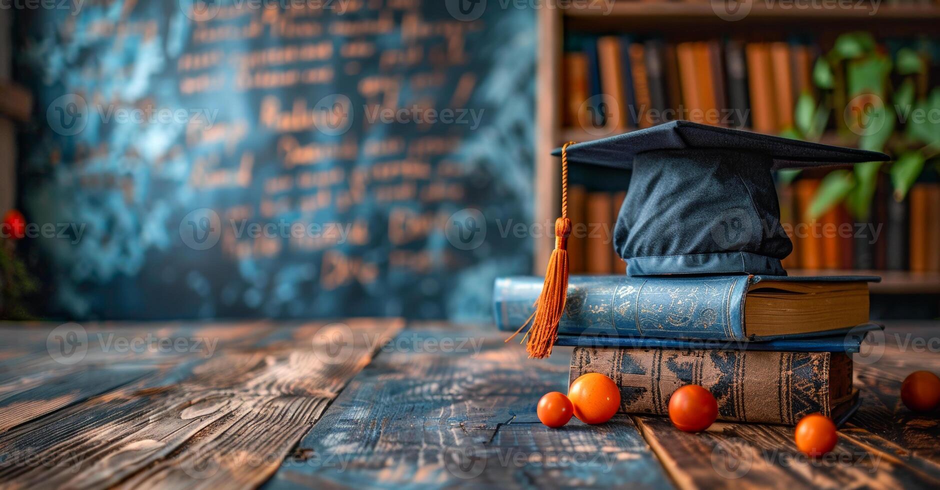 A black cap with a gold tassel sits on top of a stack of books. The books are arranged in a neat stack, and there are several oranges scattered around the scene photo