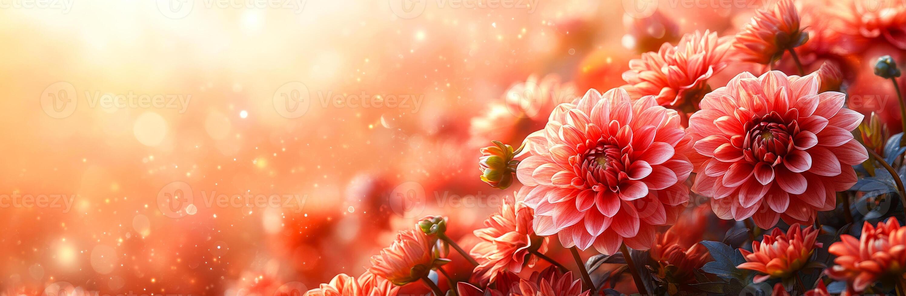 A field of red flowers with a bright orange background. The flowers are in full bloom and the sun is shining on them, creating a warm and inviting atmosphere photo