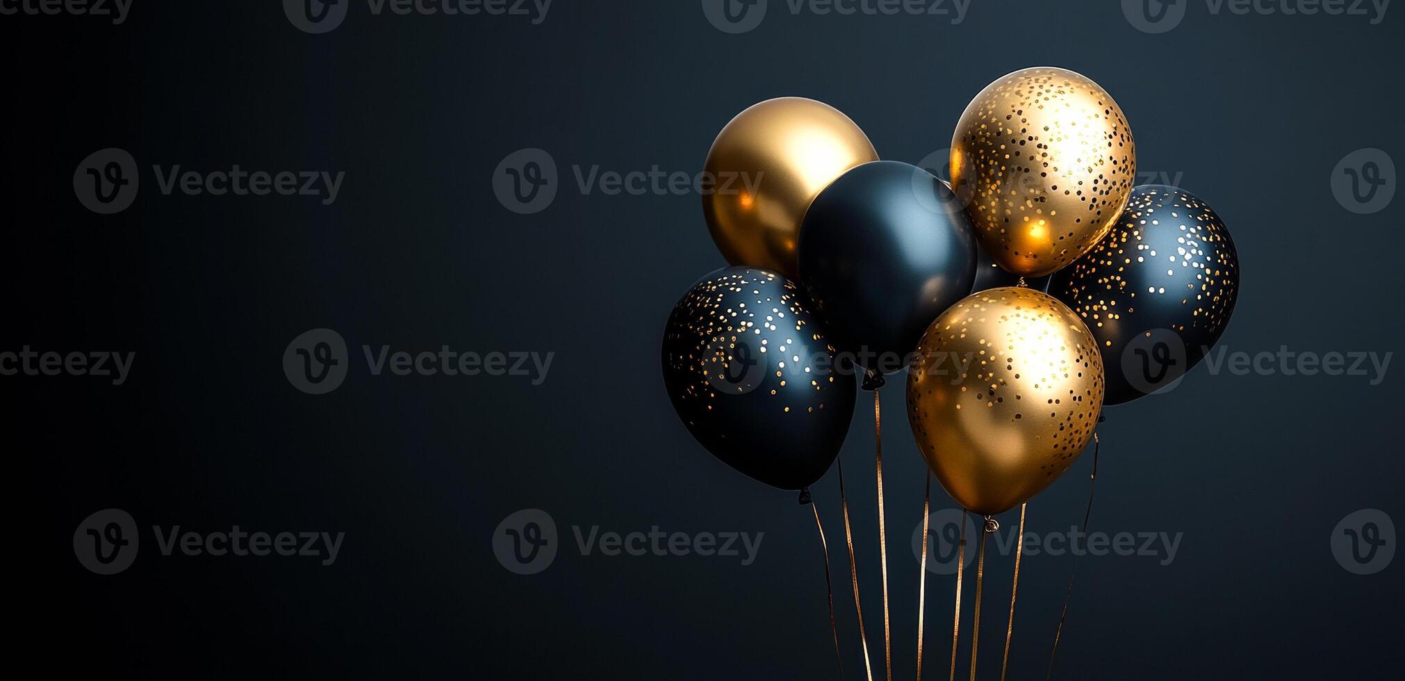 A bunch of gold and black balloons are floating in the air. The balloons are arranged in a way that they look like they are floating in the sky. Concept of celebration and joy photo