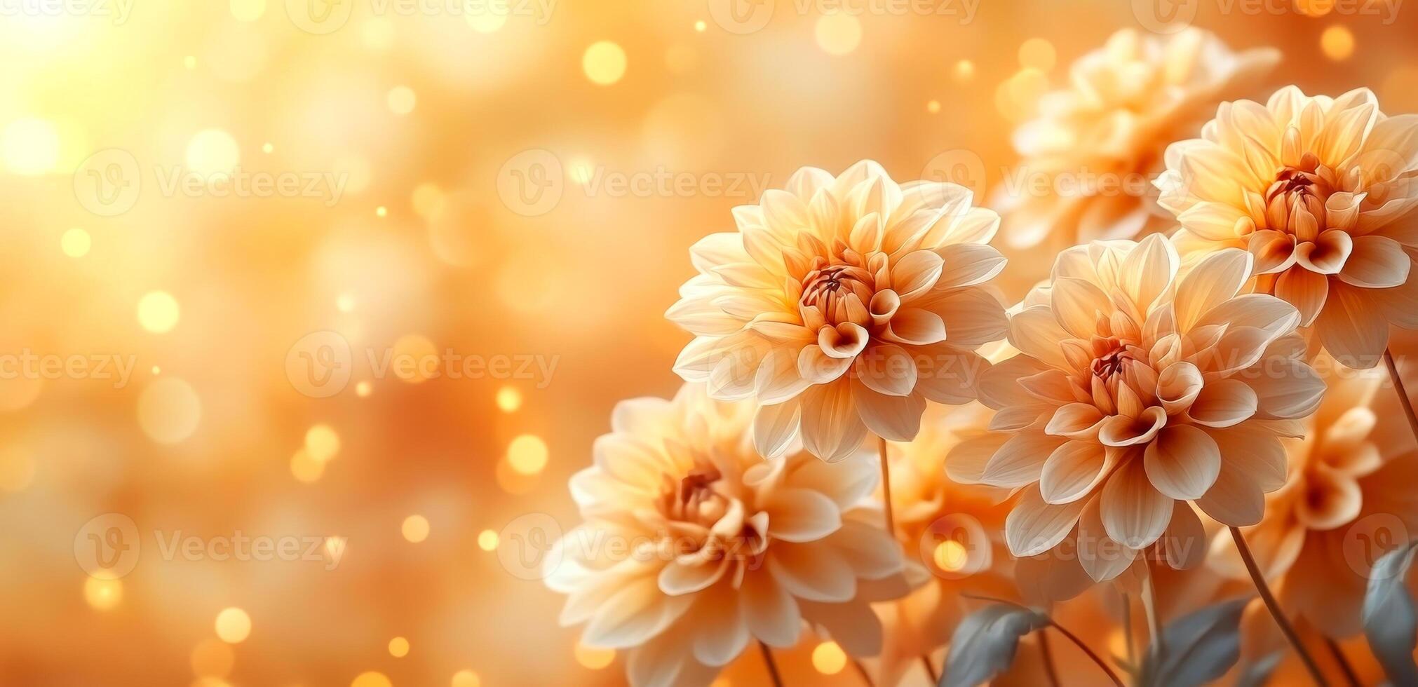 A close up of a bunch of yellow flowers with a bright orange background. The flowers are in full bloom and the background is a warm, golden color. Concept of warmth, happiness, and beauty photo
