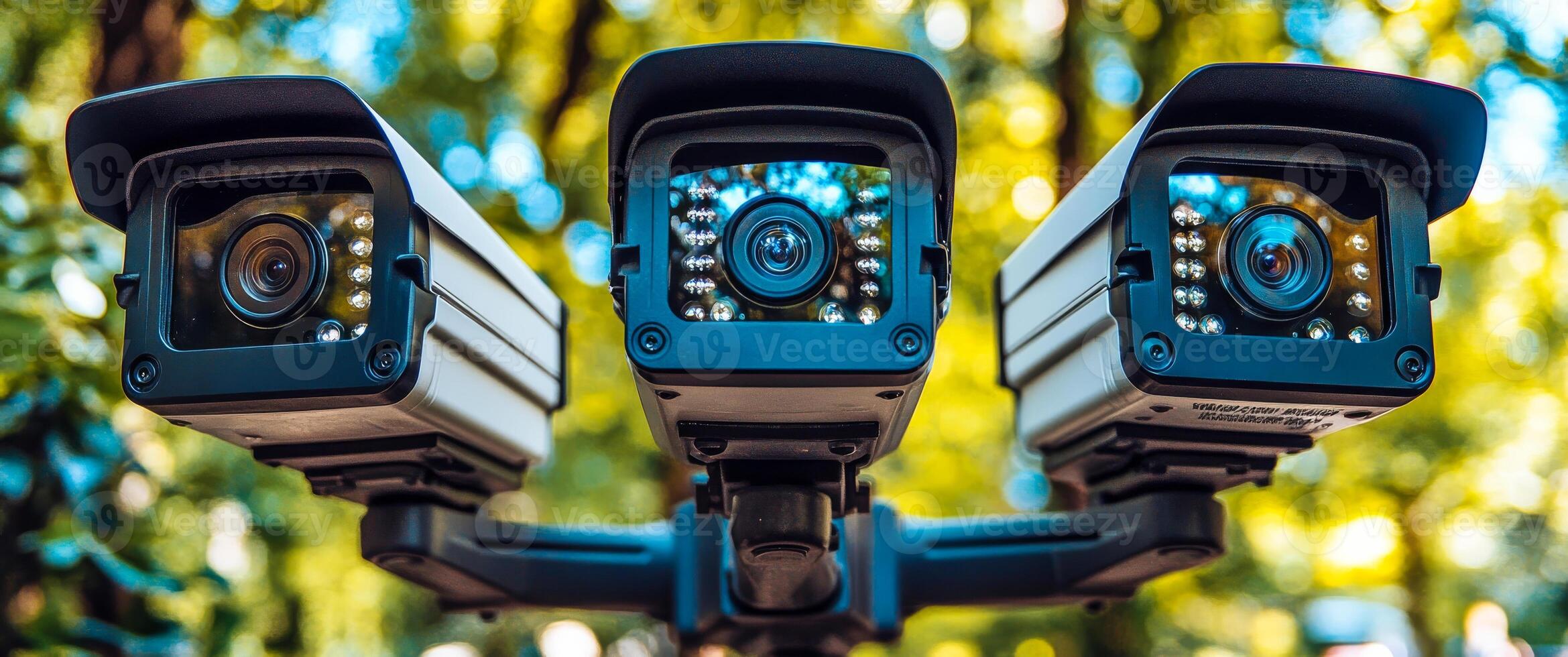 Three security cameras are mounted on a pole in a green forest. The cameras are all facing the same direction, and they are all in focus. The scene is peaceful and serene photo