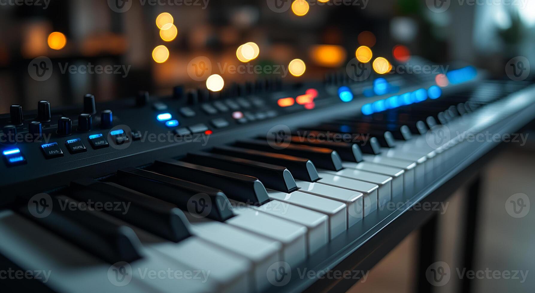A black and white keyboard with blue keys. The keyboard is on a table photo