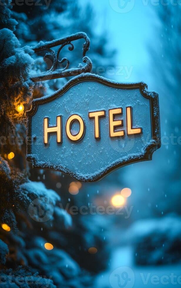 A sign for a hotel is covered in snow. The sign is lit up, giving it a warm and inviting appearance. The snow on the sign adds a sense of coziness and charm to the image photo