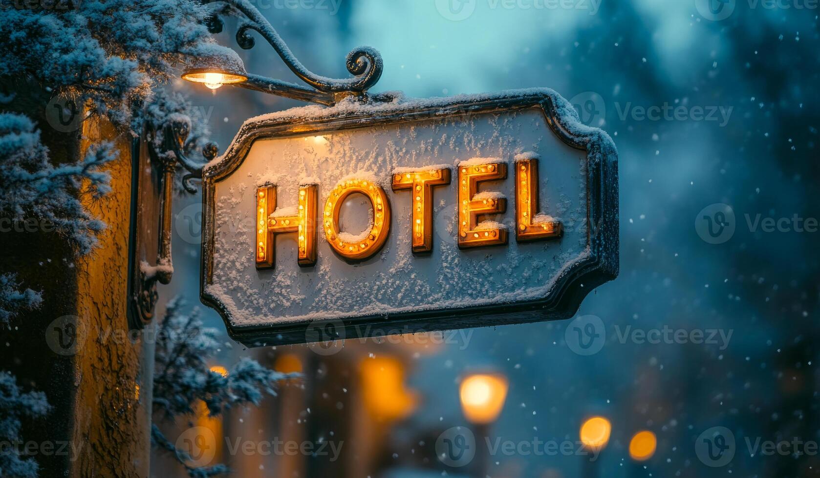 A sign for a hotel is lit up in the snow. The sign is white and orange, and it is illuminated by street lights. Concept of warmth and comfort photo