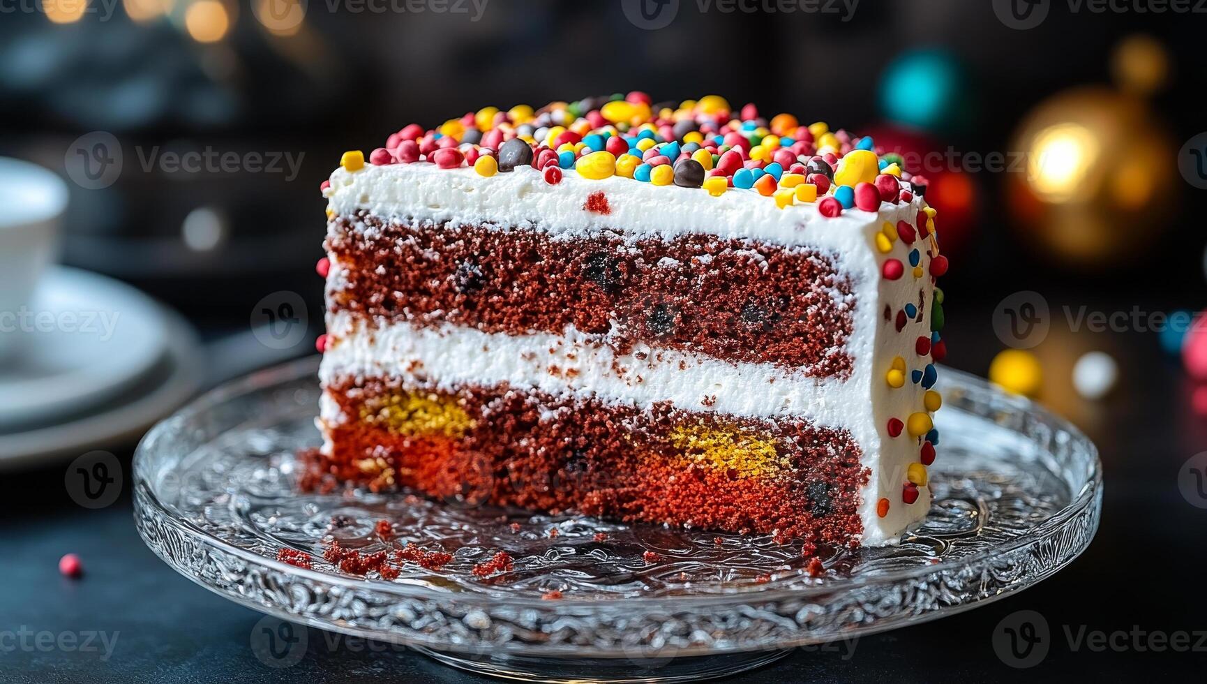 A slice of red velvet cake with white frosting and colorful sprinkles on top. The cake is cut in half and placed on a glass plate photo