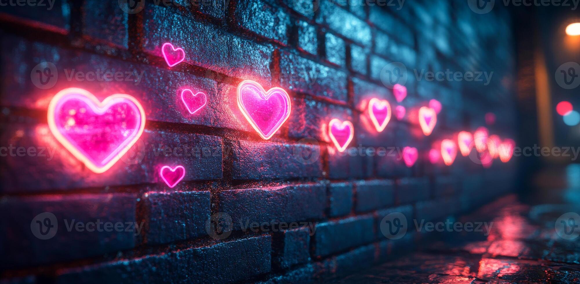 A wall covered in pink hearts with a dark background. The wall is lit up with neon lights, giving it a romantic and dreamy atmosphere photo
