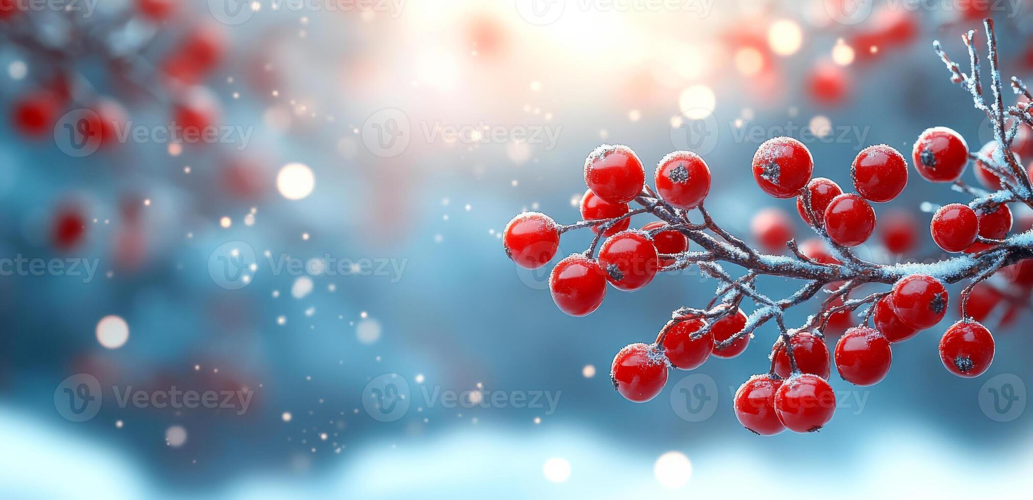 A branch of red berries is covered in snow. The snow is falling and the berries are bright red. The image has a peaceful and serene mood photo