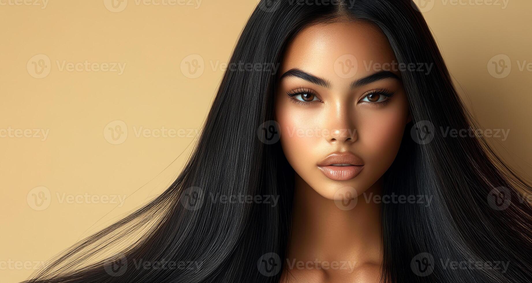 A woman with long, curly hair is standing in front of a tan background. She has a serious expression on her face photo