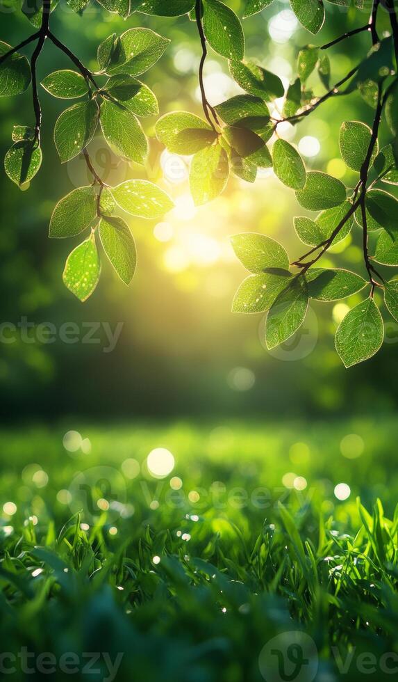A leafy green tree with a bright sun shining on it. The sun is casting a warm glow on the leaves, creating a peaceful and serene atmosphere photo