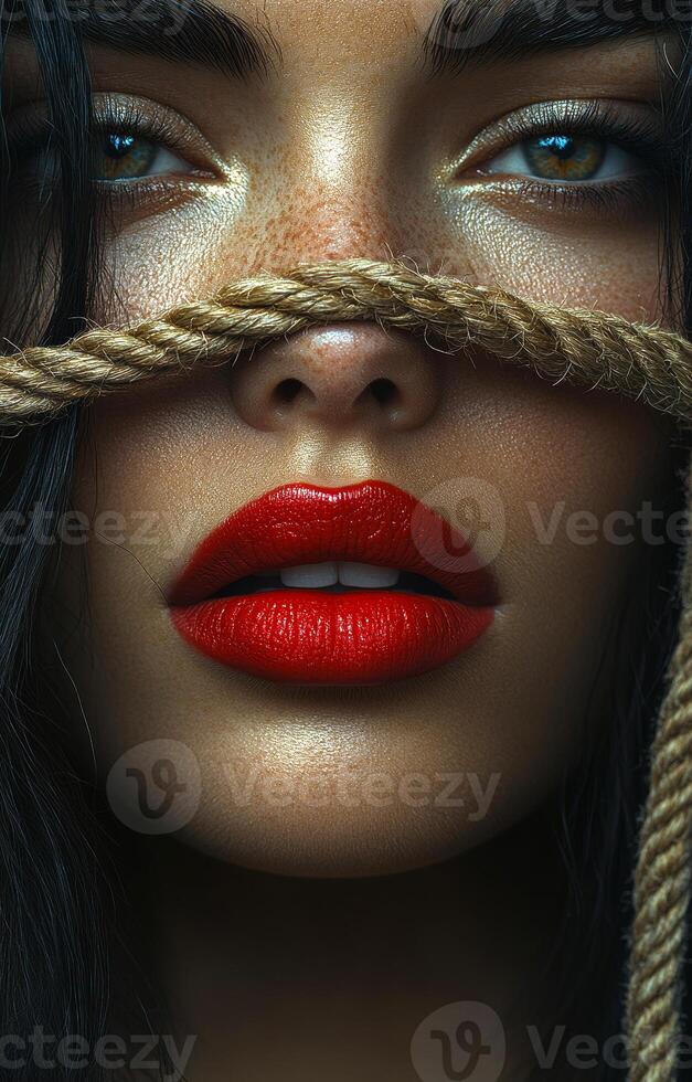 A woman with red lips and a gold rope around her face. The rope is tied around her nose and mouth photo