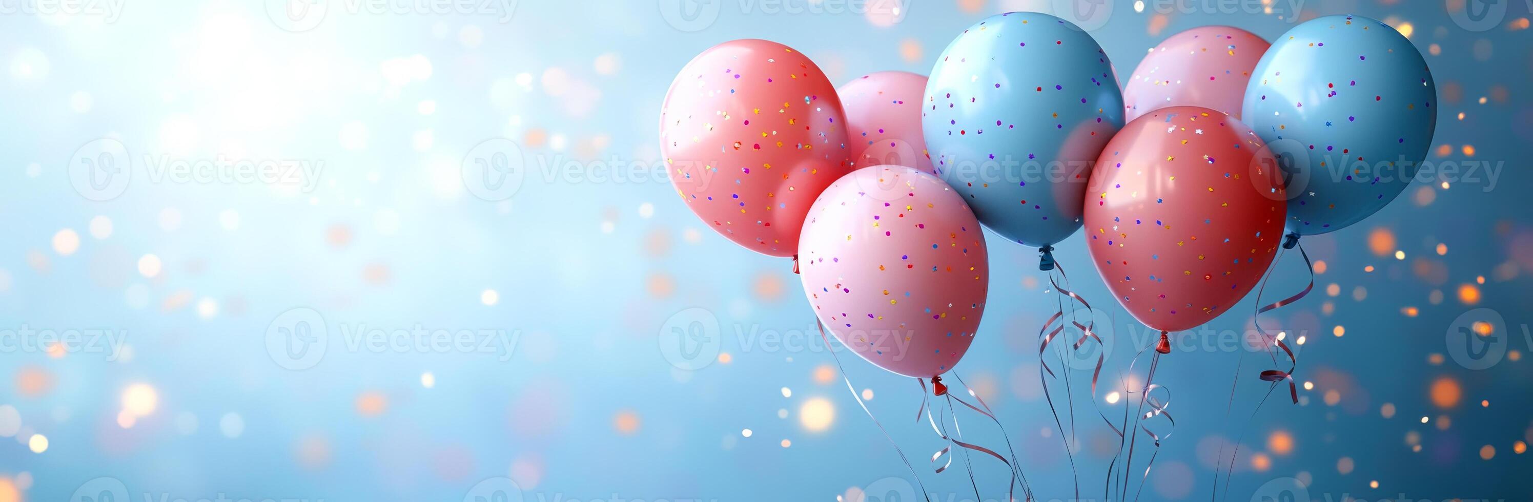 A bunch of balloons with pink and blue colors are floating in the air. The balloons are scattered all over the image, creating a festive and celebratory atmosphere photo