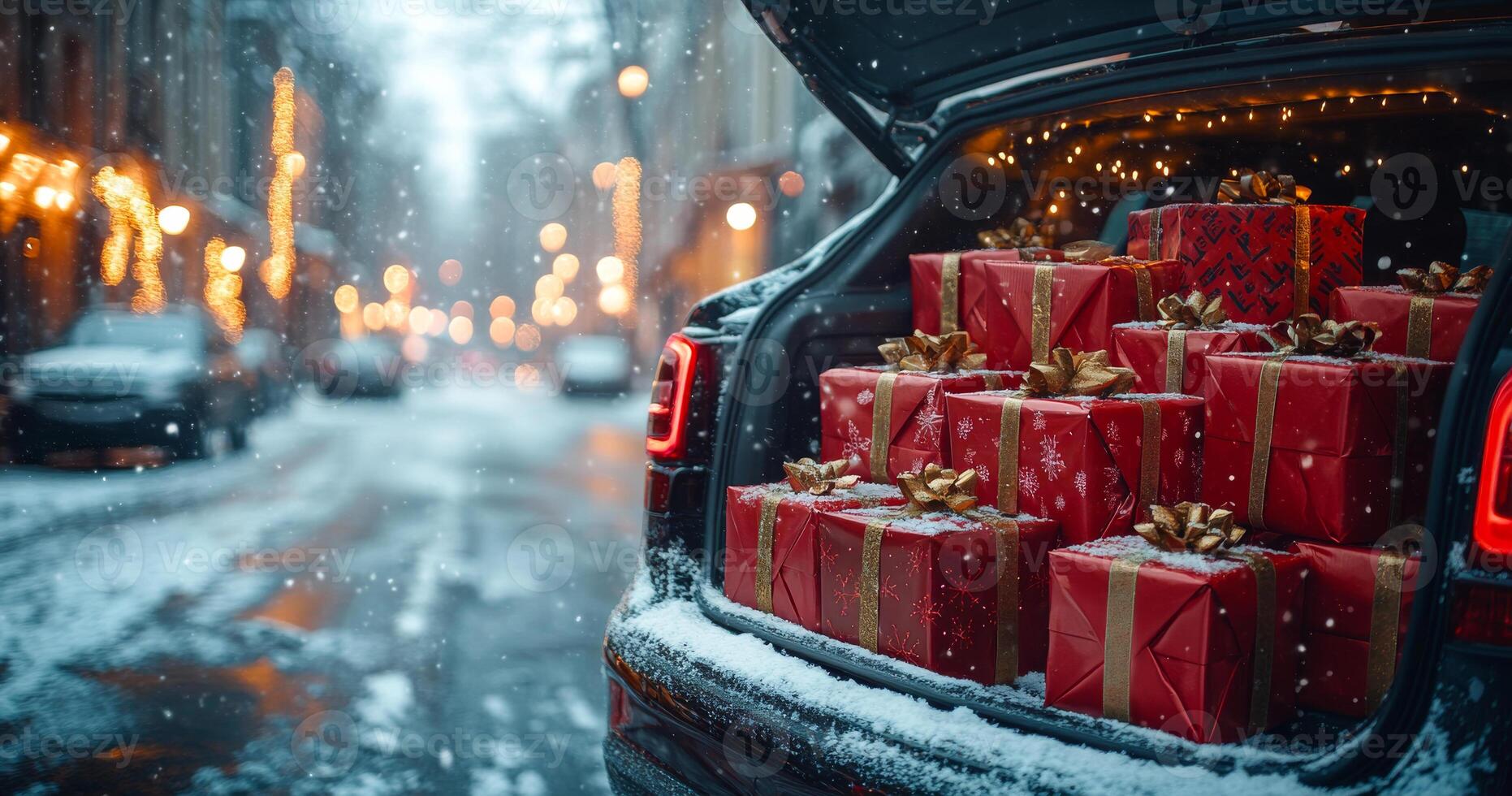 A car is filled with many red boxes, likely containing Christmas presents. The scene takes place on a snowy street, with lights in the background. Scene is festive and joyful photo