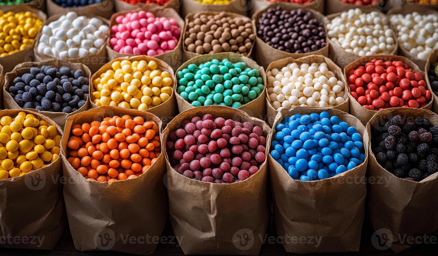 A bag of colorful candies is displayed in a row. The candies are of different colors and sizes, and they are arranged in a way that makes them look like a colorful pile. Concept of fun and excitement photo