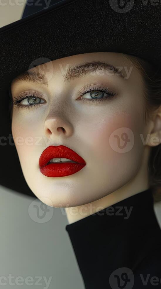 A woman with red lipstick and a black hat. The hat is black and has a shiny surface photo