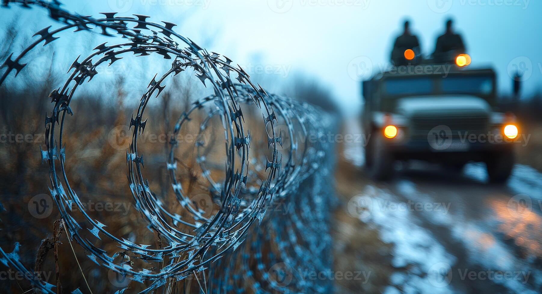 A military vehicle is driving past a barbed wire fence. The fence is surrounded by a field of tall grass photo