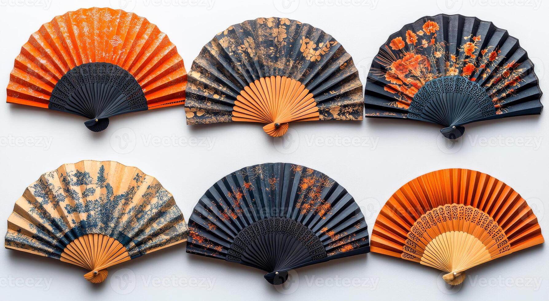 A row of six fans with different designs and colors. The fans are arranged in a row and are of various sizes. The fans are made of paper and have a unique design on them photo