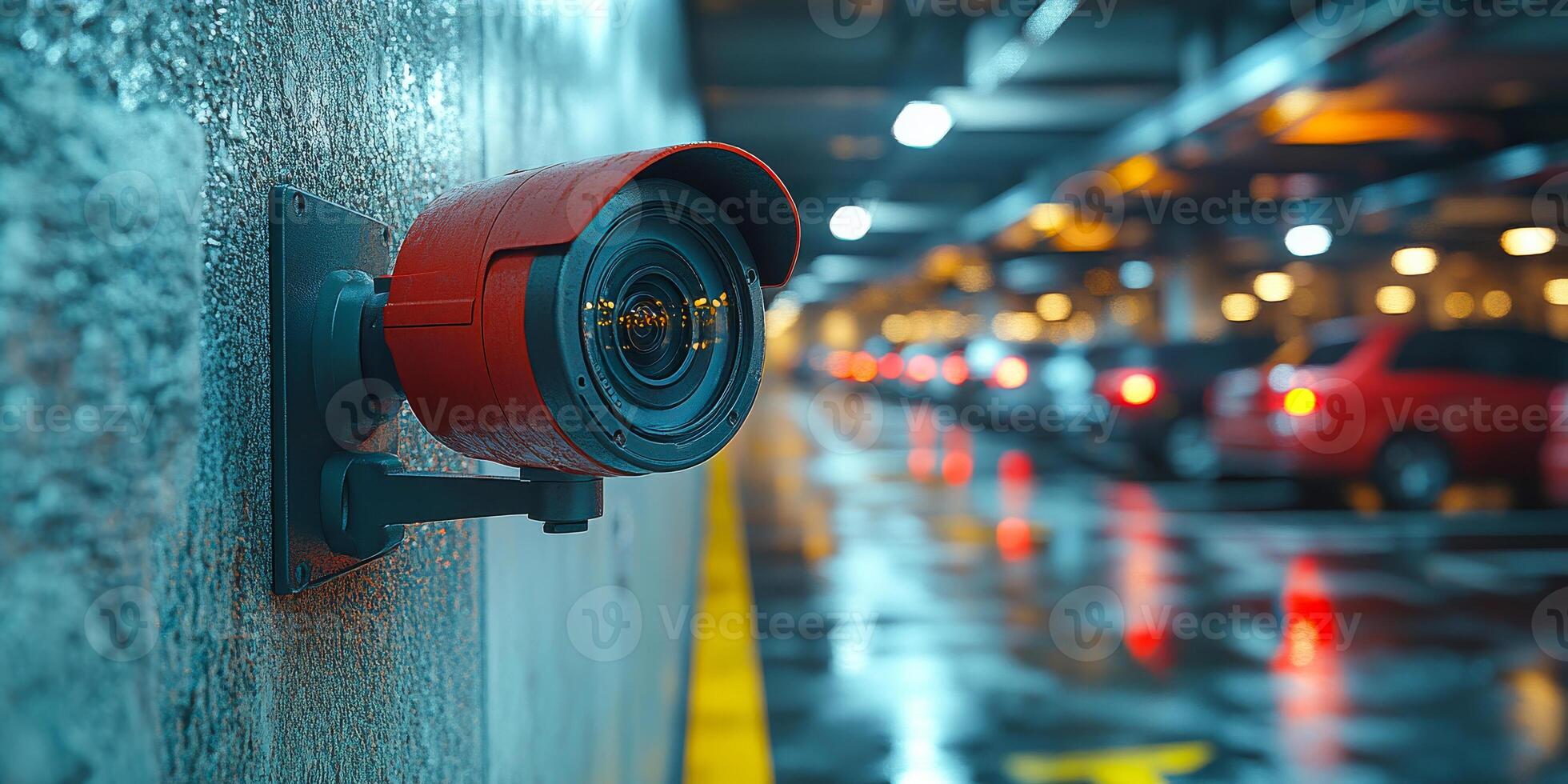 A red security camera is mounted on a wall in a parking garage. The camera is facing the street, capturing the cars and the lights from the parking garage. Concept of security and surveillance photo