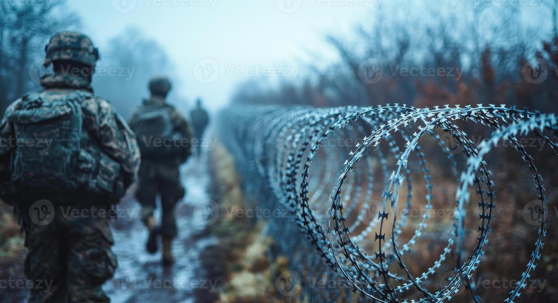 A group of soldiers are walking through a forest with barbed wire in the background. Scene is tense and serious, as the soldiers are on a mission and must be cautious of their surroundings photo