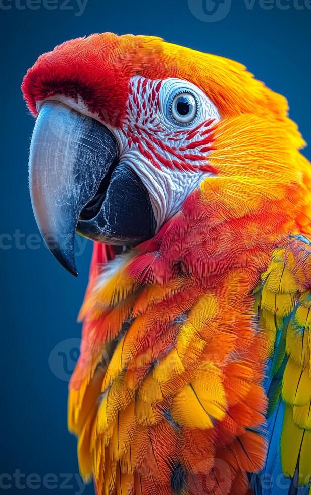 A colorful parrot with a red beak and yellow feathers. The bird is looking directly at the camera photo