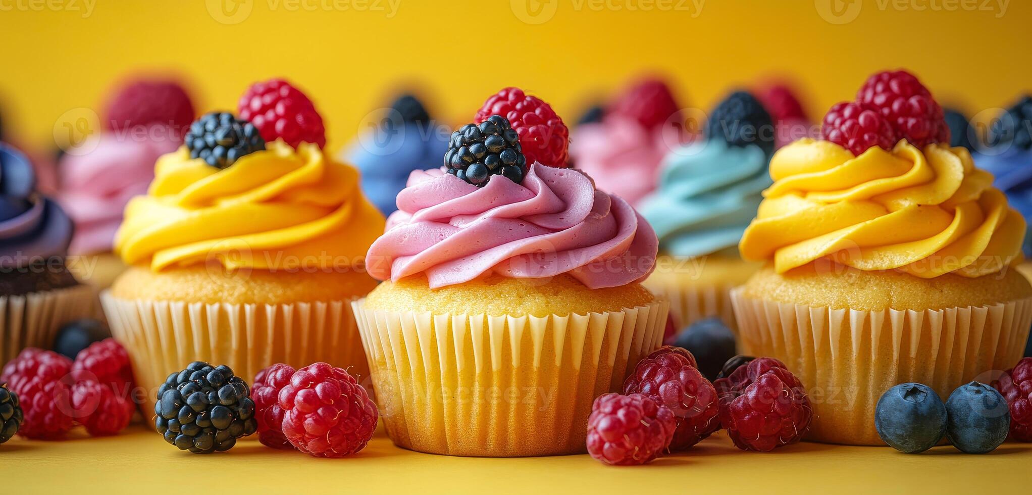 A row of colorful cupcakes with raspberries and blueberries on top. The cupcakes are arranged in a row, with the first one on the left, the second one in the middle, and the third one on the right photo