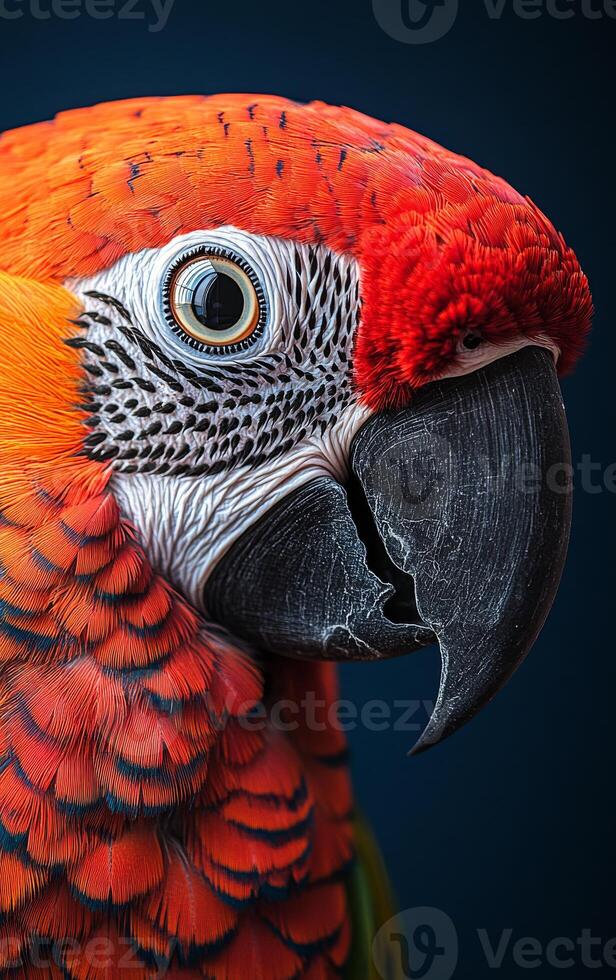 A colorful parrot with a black beak and red feathers. The bird has a curious look on its face photo