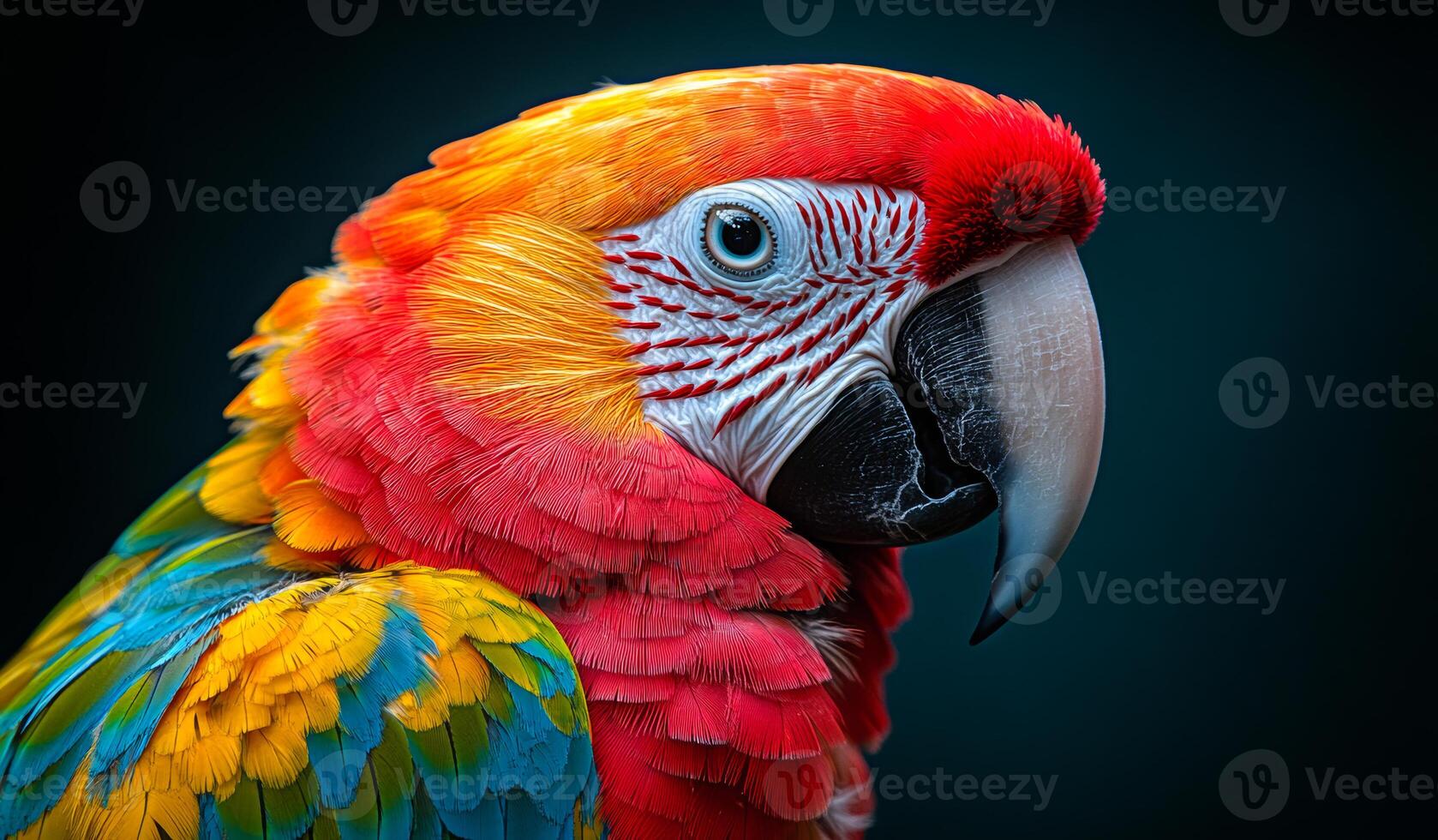 A colorful parrot with a black beak and red and yellow feathers. The bird is looking directly at the camera photo