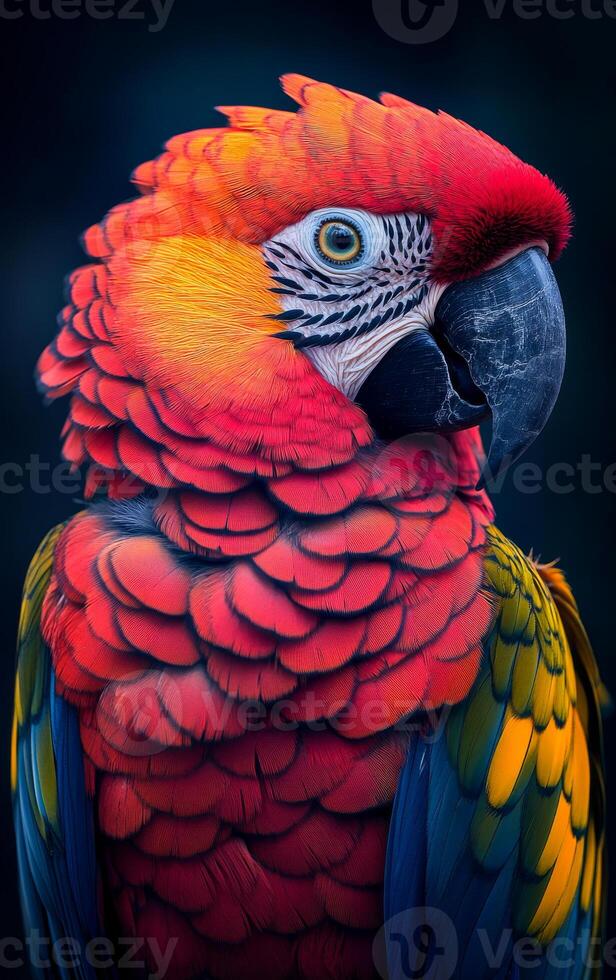 A colorful parrot with a red and yellow head and green and yellow feathers. The bird is looking directly at the camera photo