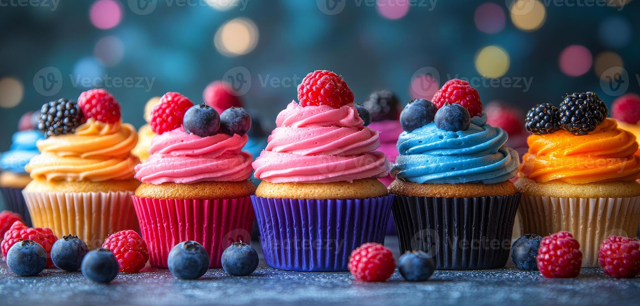 A row of colorful cupcakes with raspberries and blueberries on top. The cupcakes are arranged in a row, with the pink one on the left, the blue one in the middle, and the orange one on the right photo