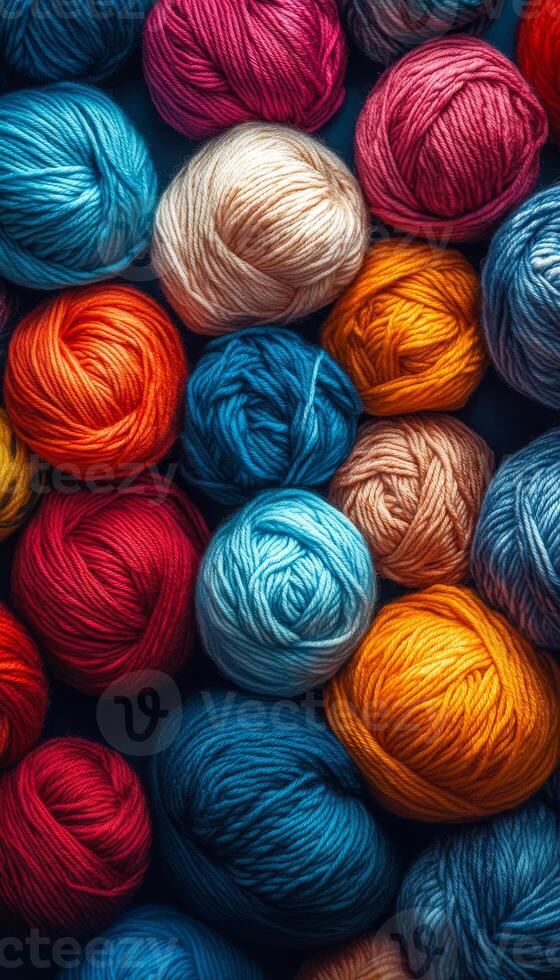 A bunch of colorful yarn balls are piled up on a table. The colors are bright and vibrant, creating a cheerful and lively atmosphere. The arrangement of the balls suggests a playful photo