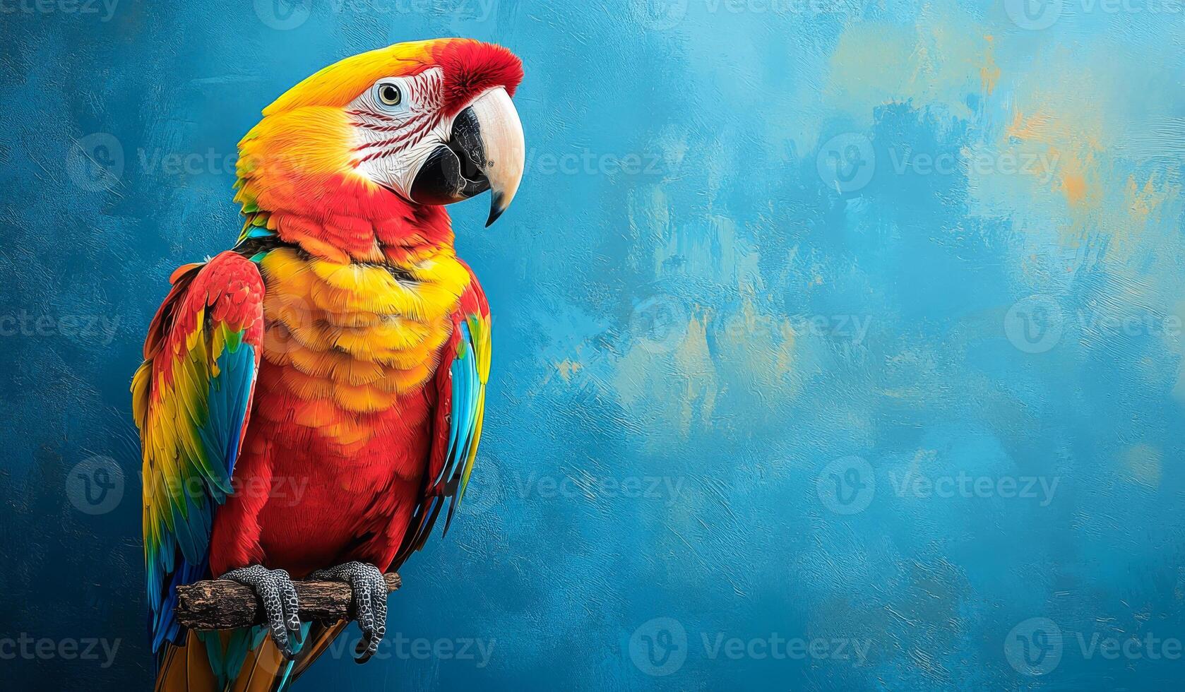 A colorful parrot is perched on a branch. The bird is bright and lively, with its feathers in a variety of colors. The blue background adds a sense of calm and serenity to the scene photo