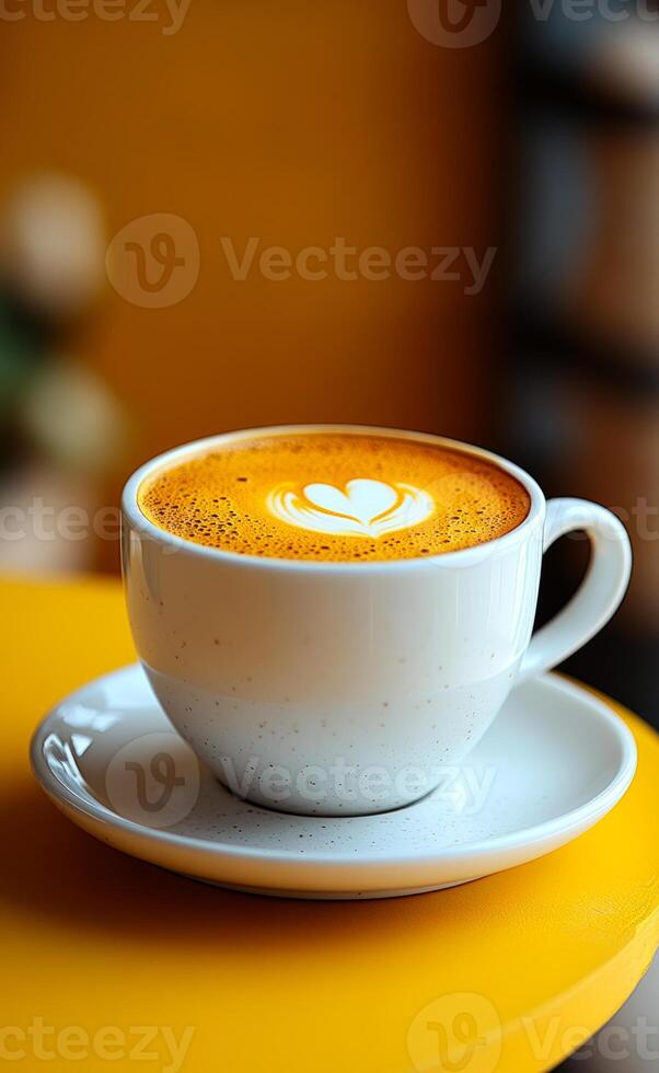 A cup of coffee with a heart design on top sits on a yellow table. The coffee is hot and steaming, and the heart design adds a touch of warmth and affection to the scene photo