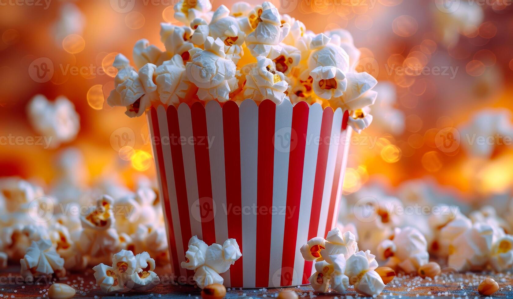 A red and white popcorn bucket filled with popcorn. The popcorn is scattered around the bucket, creating a fun and playful atmosphere photo