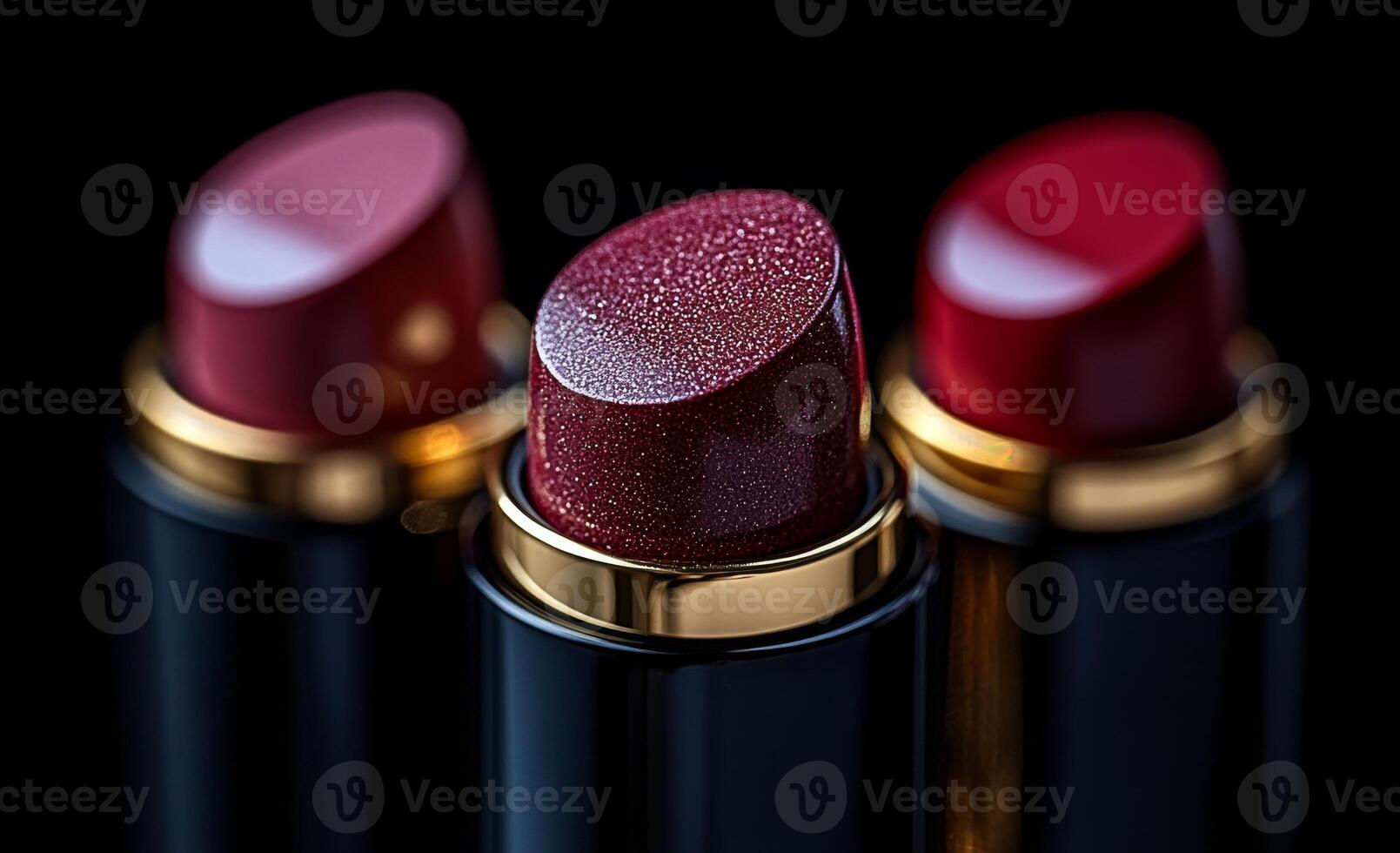 Three red lipsticks with gold accents. The lipsticks are placed on a black background. The lipsticks are shiny and sparkly, giving off a glamorous and luxurious vibe photo