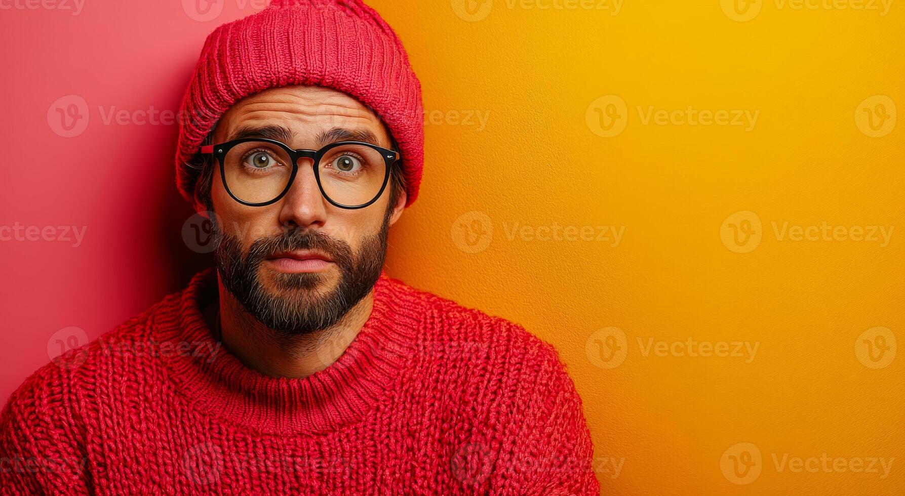A man in a red sweater and glasses is staring at the camera. The image has a warm and cozy feeling, as the man is wearing a red sweater and a red hat. The orange background adds to the overall warmth photo