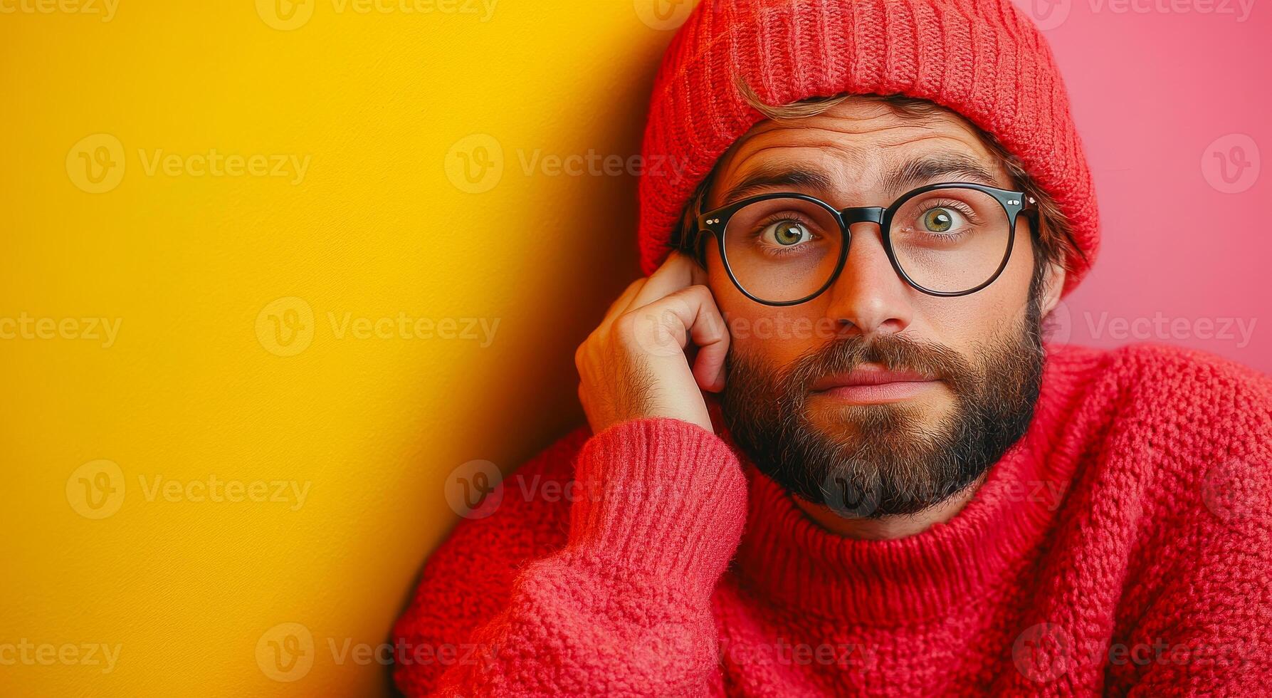 A man wearing a red hat and glasses is leaning against a yellow wall. He is deep in thought photo