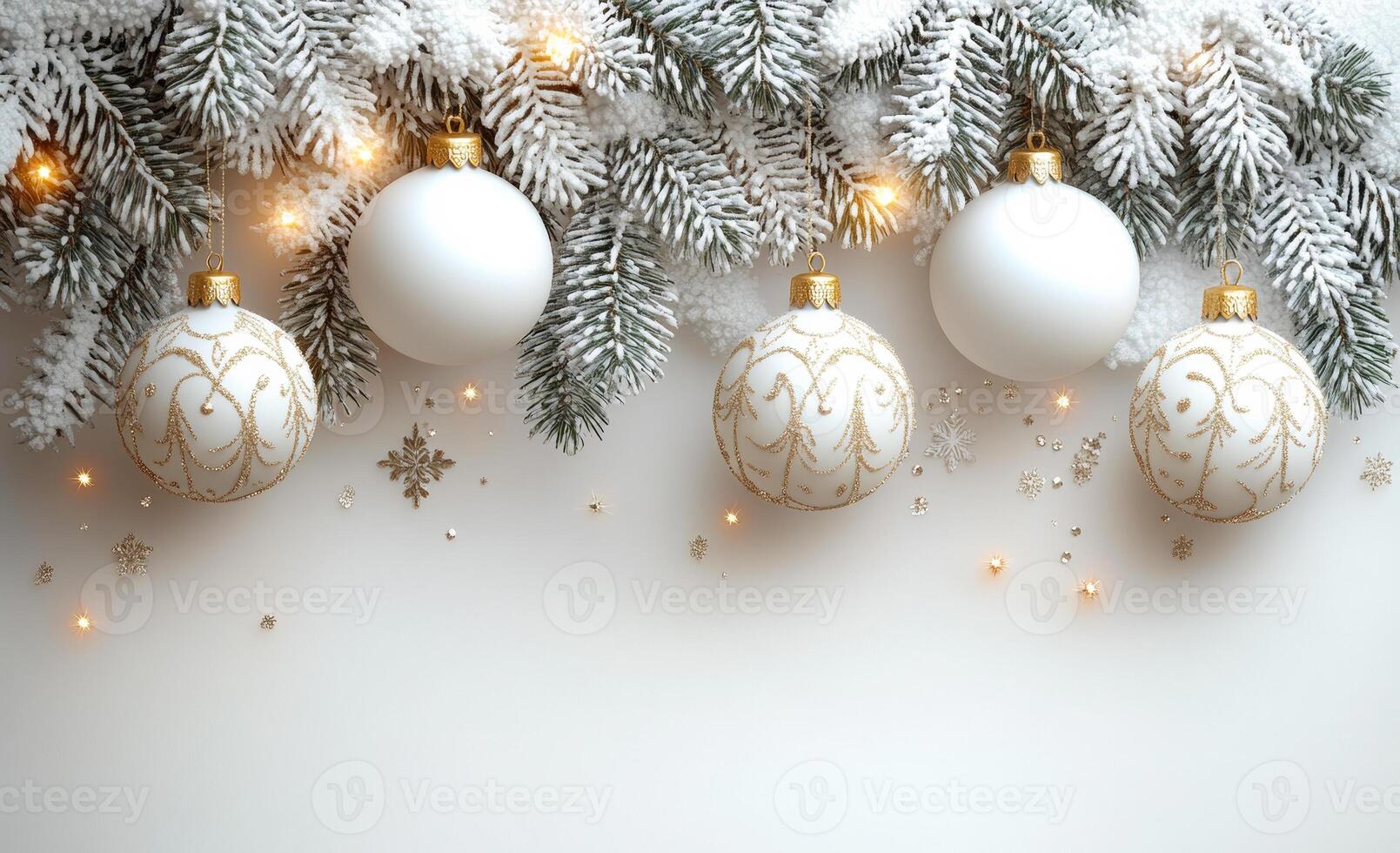 A white Christmas tree with four white ornaments hanging from it. The ornaments are gold and silver and are hanging from a tree branch photo
