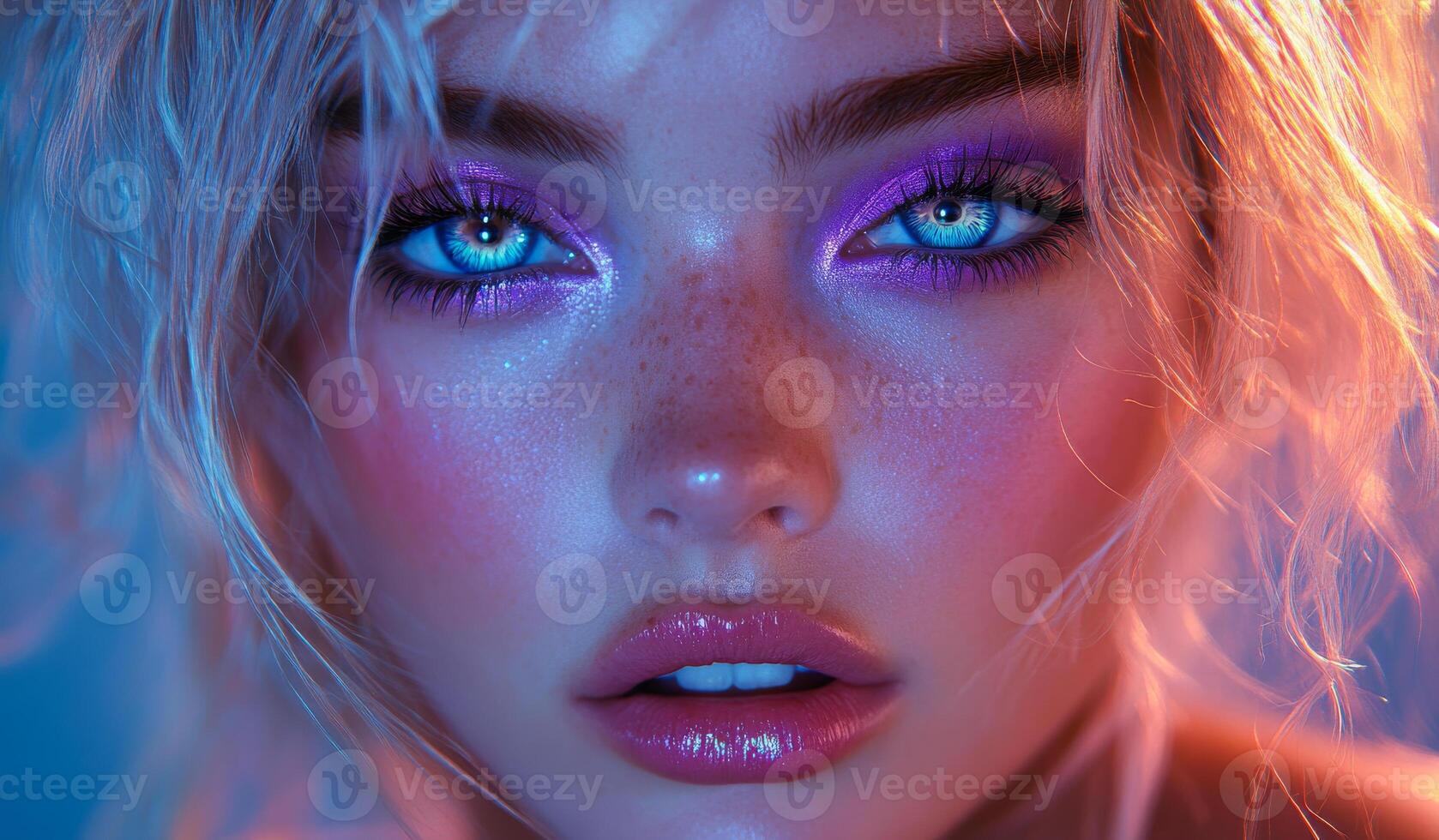 A woman with blue eyes and purple eyeshadow. She has a pink lip and a smile on her face photo