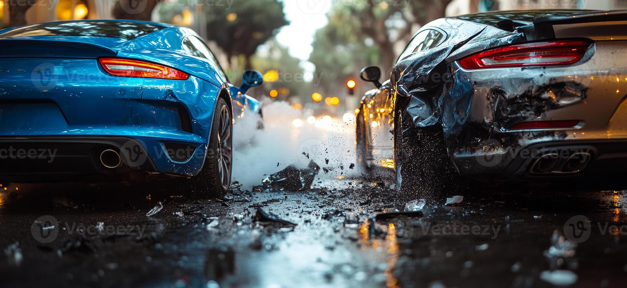Two cars are in a crash on a wet road. The blue car is on the left and the silver car is on the right photo