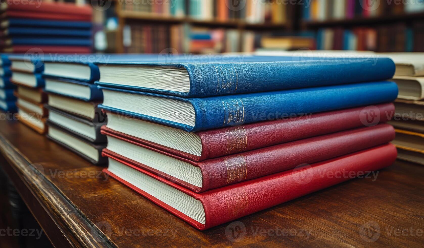 A stack of books with the top one being blue. The books are on a table. The books are stacked on top of each other photo