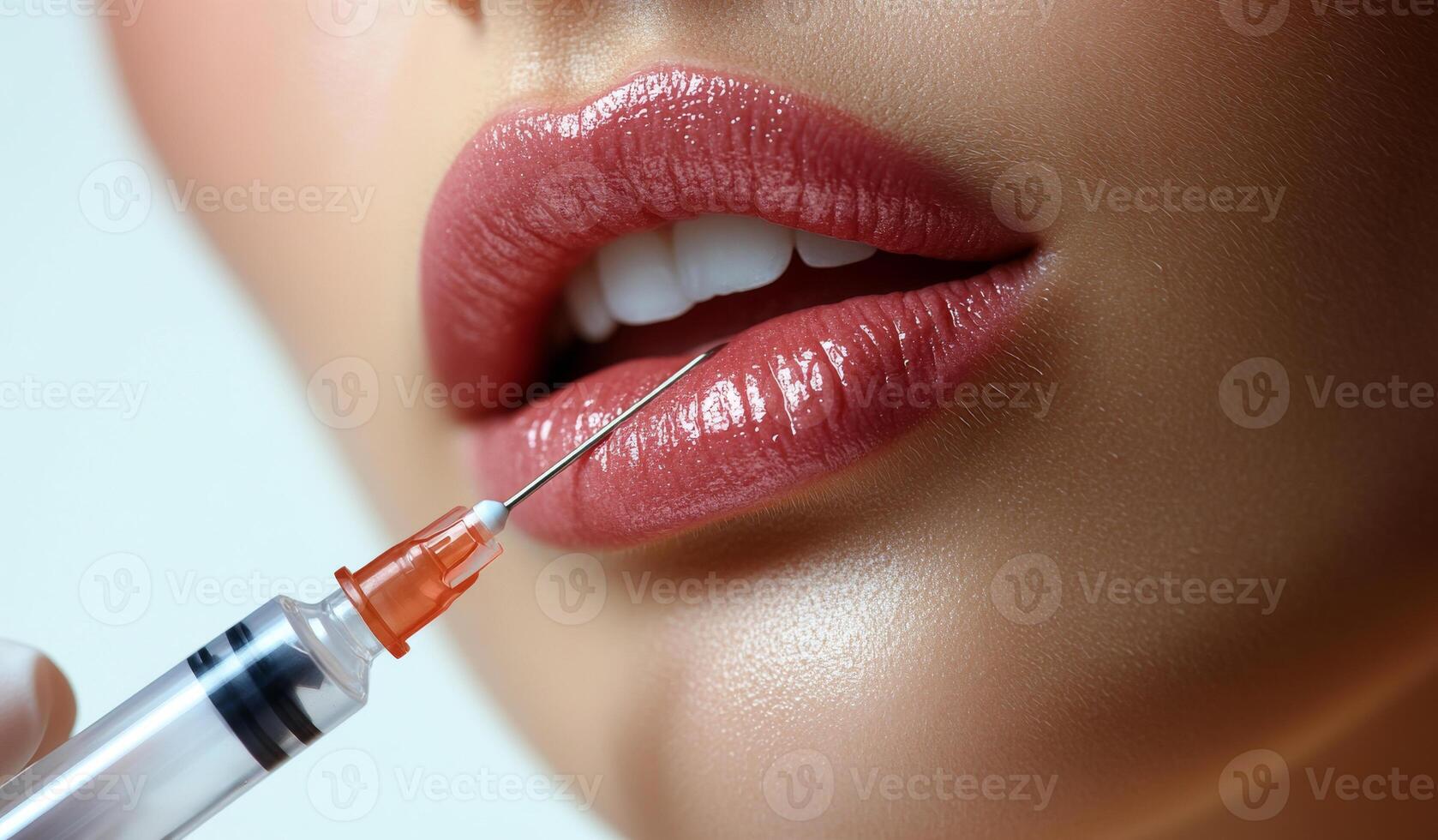 A woman is getting a shot in her lip. The shot is being administered by a syringe photo