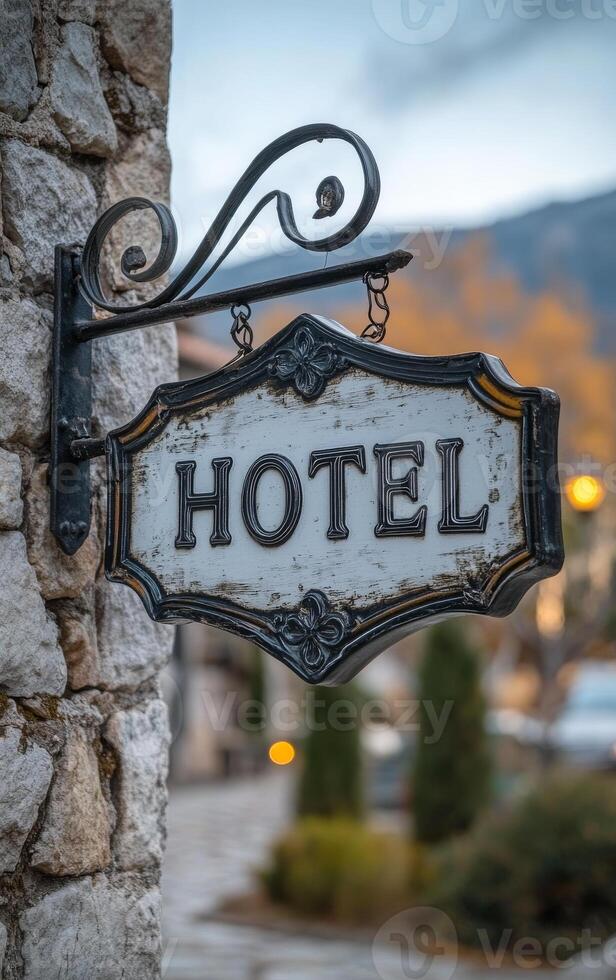 A sign hanging on a stone wall that says HOTEL in black and white. The sign is surrounded by a stone wall and is located in a city setting photo