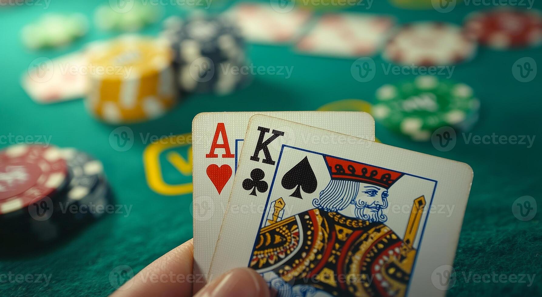 A hand holding two playing cards with the King and Ace on them. The cards are on a green table with other poker chips photo
