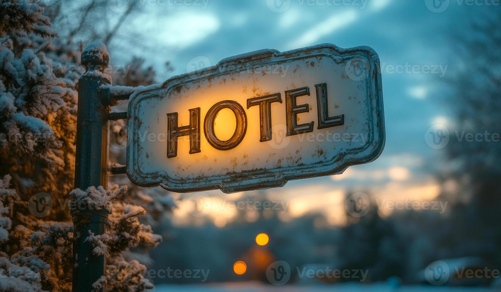 A sign that says HOTEL is lit up in the snow. The sign is surrounded by trees and the sky is blue. Scene is peaceful and serene, as the snow-covered landscape creates a calm atmosphere photo