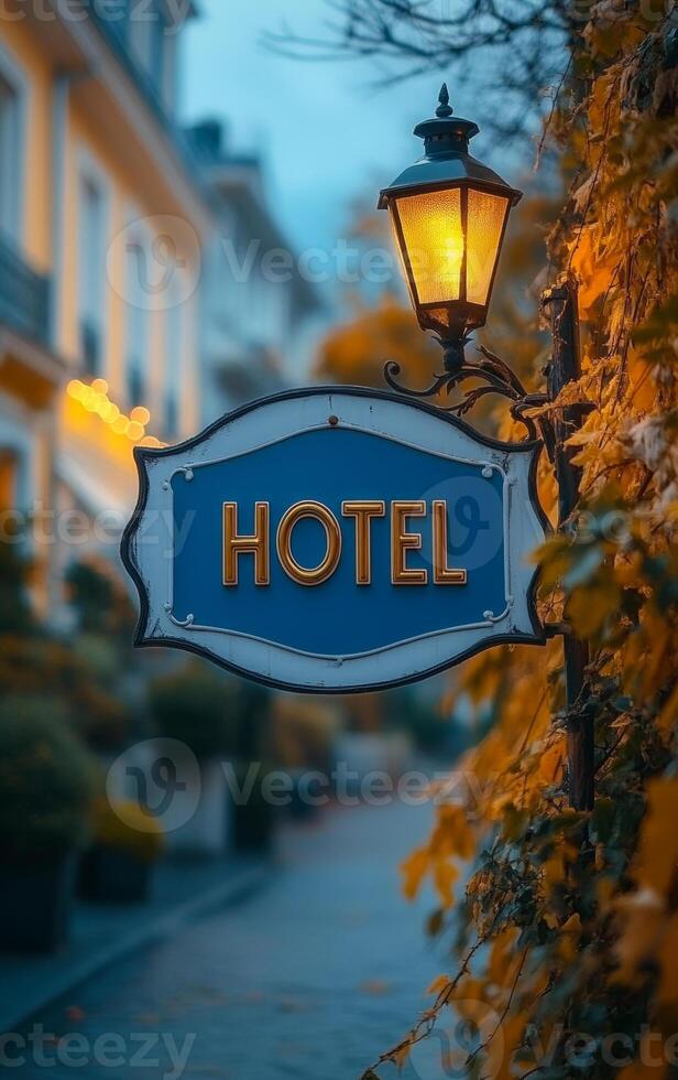 A blue sign with the word hotel on it. The sign is lit up and is on a street photo