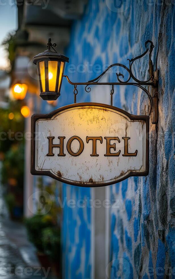 A sign for a hotel hangs on a building. The sign is white and has the word hotel on it. The sign is hanging from a metal bracket photo