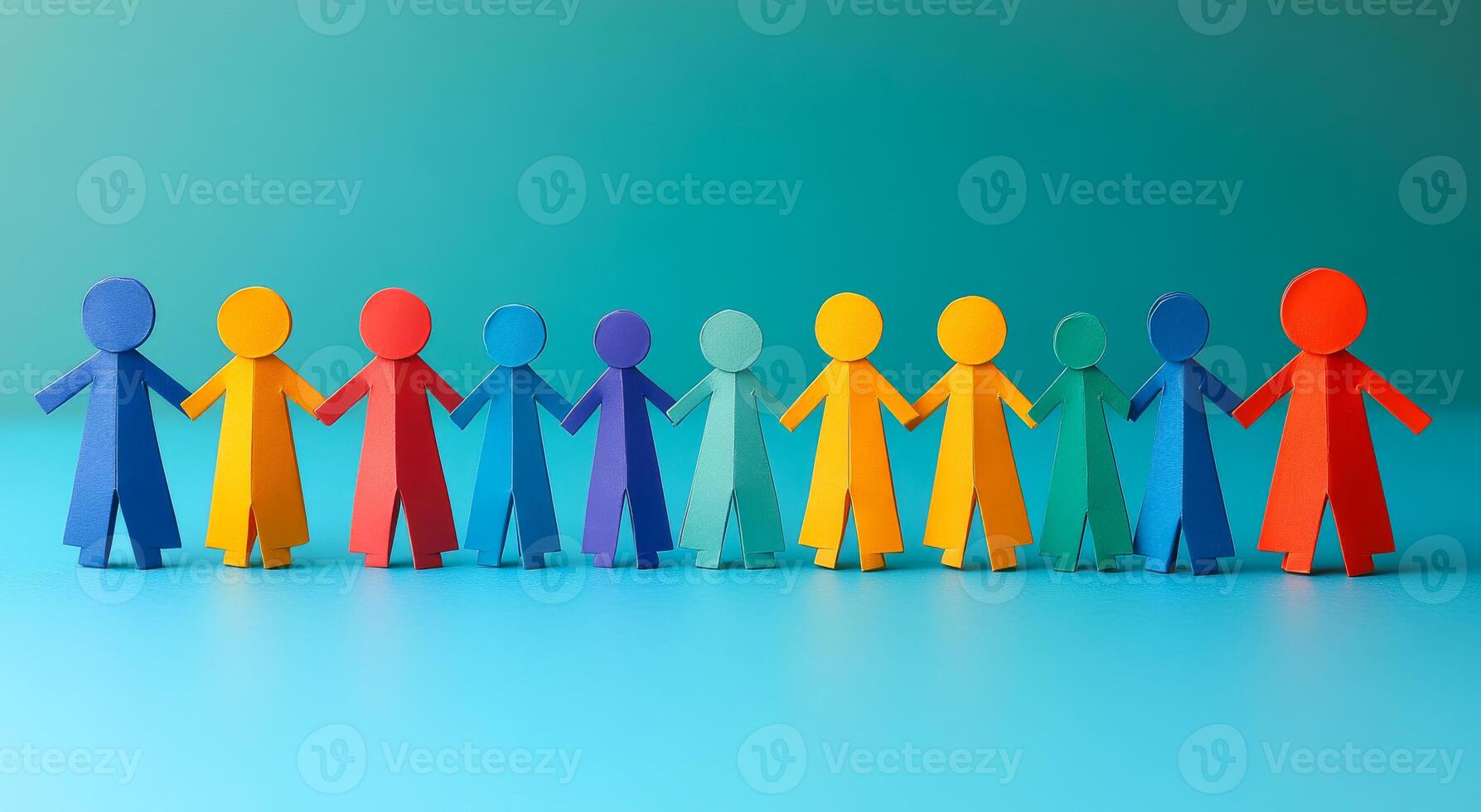 A group of people are holding hands in a row. The people are of different colors and sizes. Concept of unity and togetherness photo